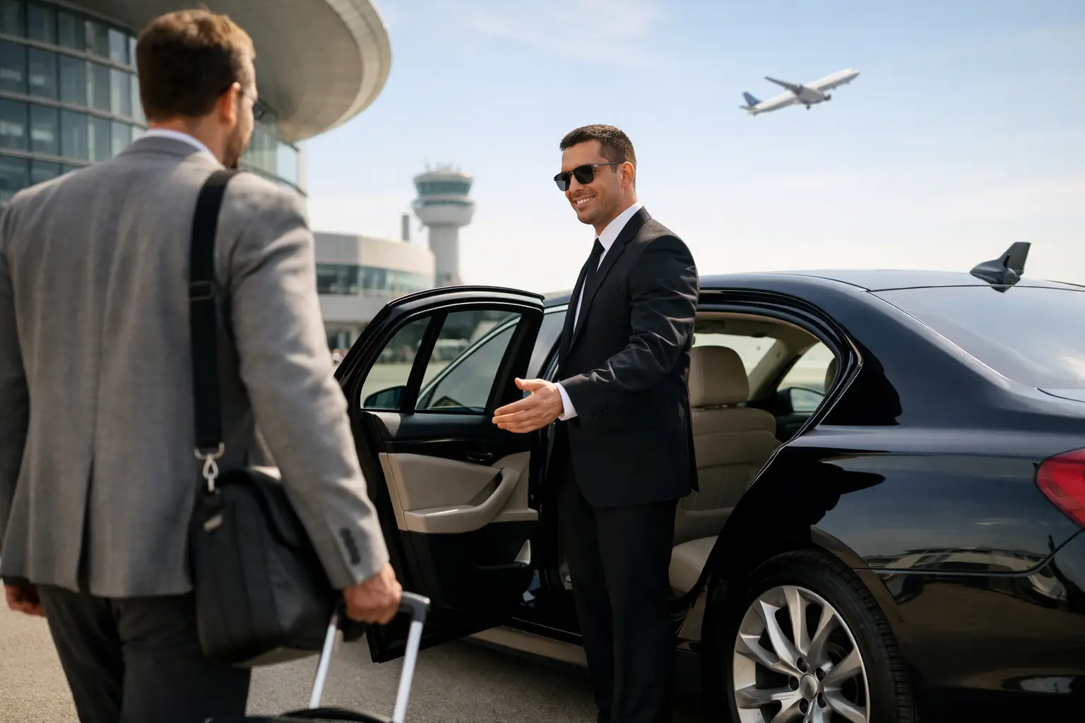 Professional chauffeur greeting passenger at Ankara Airport for private car transfer.